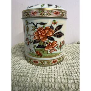Vintage Daher Floral Tin Box England Blue Gold Storage Container